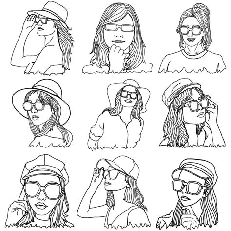 Set Of Summer Theme Beautiful Woman Wearing Sunglasses Line Art 42972125 Vector Art At Vecteezy