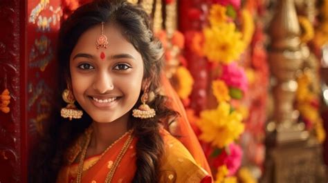 Premium Photo Woman In Red And Yellow Outfit Smiling