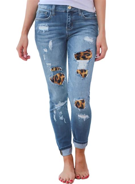 Blue Patchwork Middle Waist Jeans Cillyy Your Secret To A Perfet