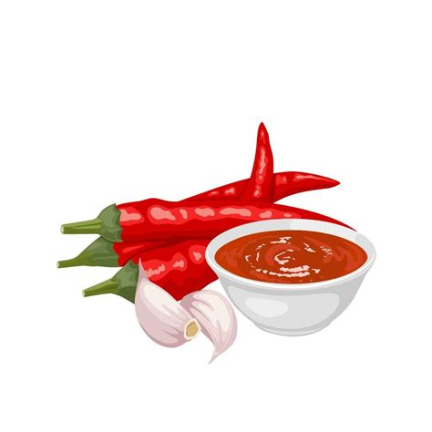 Vector Illustration Sriracha Sauce In A White Bowl With Red Chilies