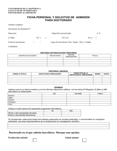 Ficha Personal Y Solicitud De AdmisiÓn Formato Doc