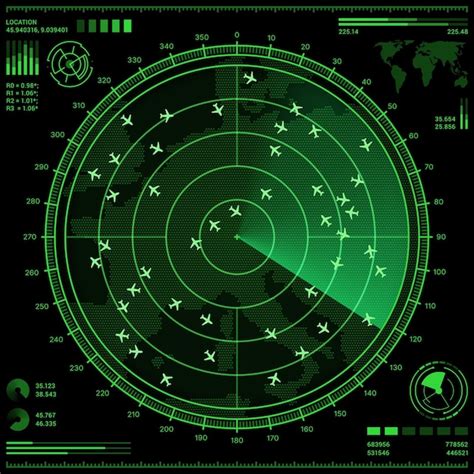 Écran radar de contrôle aérien avec avions et carte Vecteur Premium