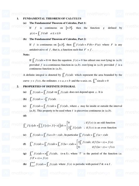 Definite Integration Formula Sheet Mathongo 1 Pdf Function