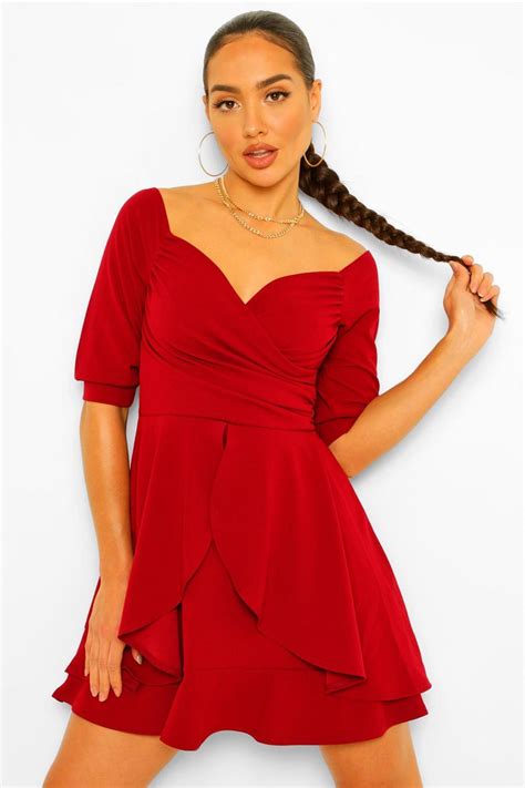 Ruffle Detail Wrap Skater Dress Boohoo Uk