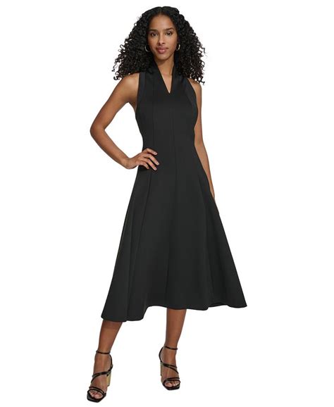 Calvin Klein Womens V Neck Scuba Crepe A Line Dress Macys