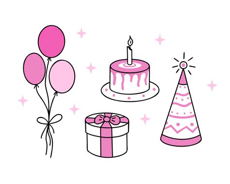 Pink Happy Birthday Set Cake With Candle Party Hat Gift Box And