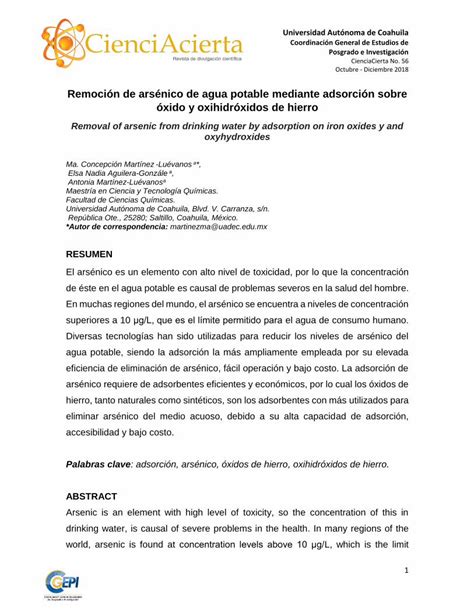 Pdf Remoci N De Ars Nico De Agua Potable Mediante Adsorci N Dokumen