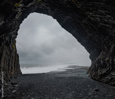 Panoramic view of Reynisfjara beach cave in Iceland with big basalt ...