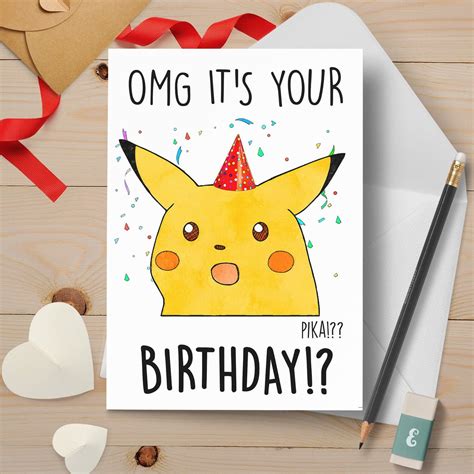 Suprised Pikachu Birthday Card Customizable Birthday Card Pokemon