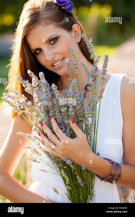 Beautiful Young Woman On Lavender Field Lavanda Girl In Early Summer