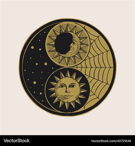 Yin yang symbol with sun moon stars and cobweb Vector Image