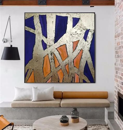 Золотая живопись с листьями, Синяя абстрактная живопись на холсте ...