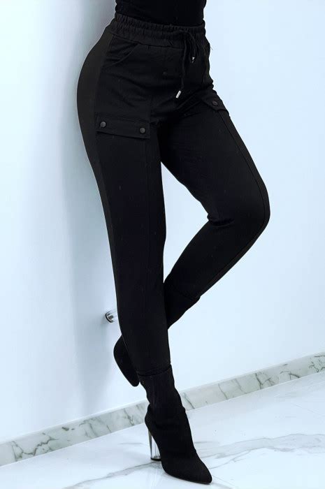 Pantalon Jogging Noir Taille Haute Poches