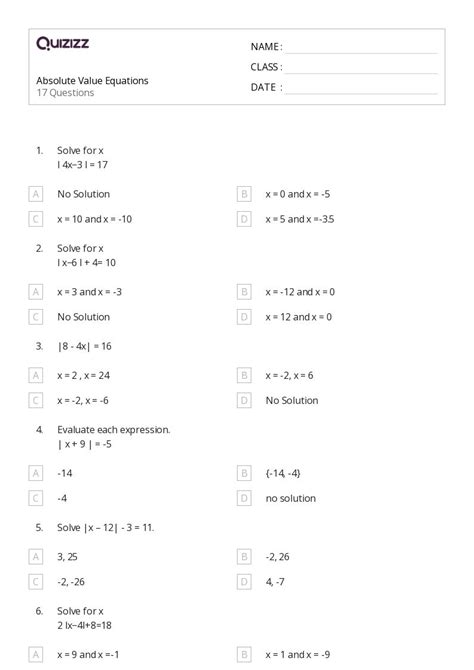 50 Absolute Value Equations Functions And Inequalities Worksheets On Quizizz Free And Printable