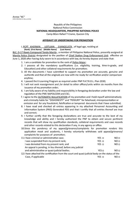 Affidavit Of Undertaking 2020 Annex “4c” Dprm Form Rsd 03 A Revised