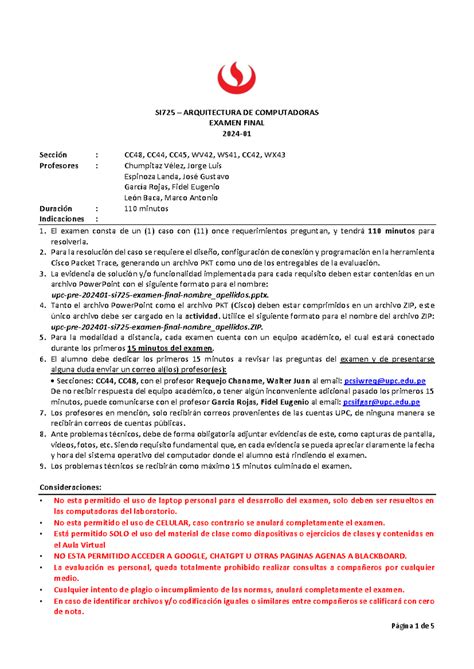 Examen Final 2024 1 SI 725 ARQUITECTURA DE COMPUTADORAS EXAMEN