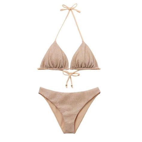 2M 40 Bikini 2 mảnh đi biển đồ bơi nữ có mút ngực dáng tam giác dây buộc màu nude kim tuyến
