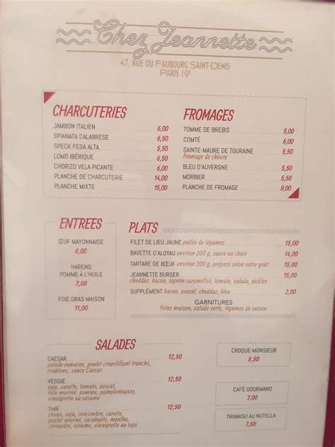 Menu At Chez Jeannette Pub Bar Paris 47 Rue Du Faubourg Saint Denis