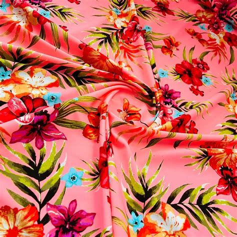 Tropical Flowers Print Nylon Lycra Spandex Fabric Four Way Stretch By