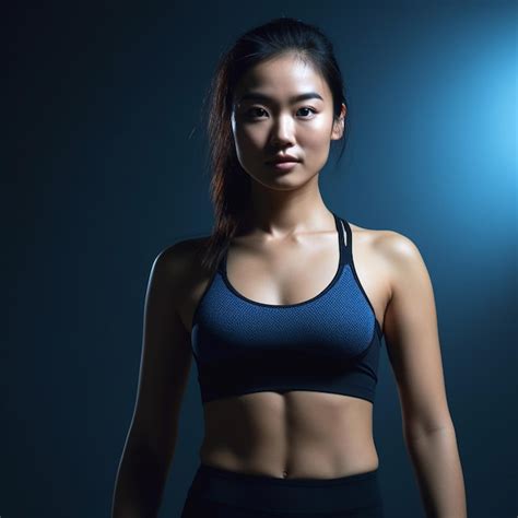 Premium Photo A Woman In A Blue Sports Bra Stands In Front Of A Black