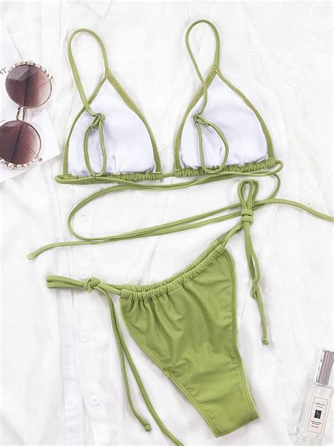 Emmiol Free Shipping Backless Triangle Bikini Set Green S In