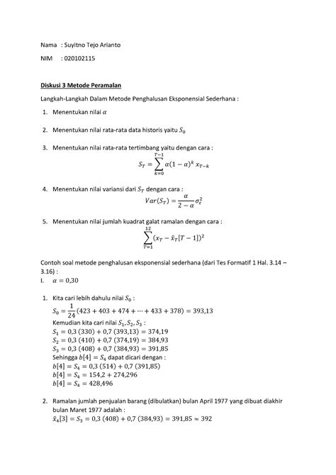 Diskusi Metode Peramalan Nama Suyitno Tejo Arianto Nim