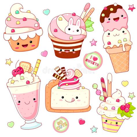 Set Of Cute Sweet Icons In Kawaii Style Stock Vector Illustration Of Fastfood Cocktail 193684557