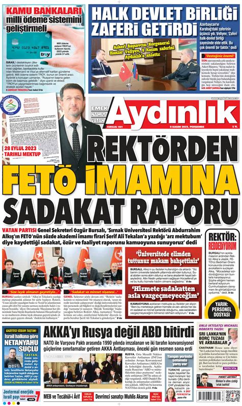 Aydınlık Gazetesi 9 Kasım 2023 Perşembe Günü Manşeti