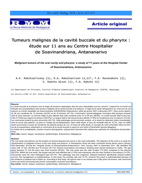 Article original Tumeurs malignes de la cavité buccale et du pharynx