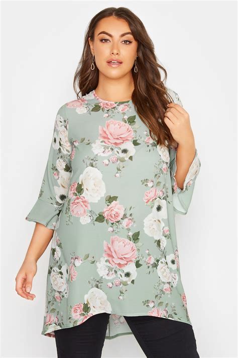 Yours London Plus Size Sage Green Floral Print Flute Sleeve Tunic Top