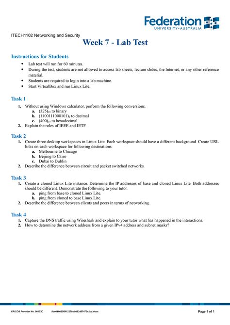 ITECH1102 Lab Test 01 Networking ITECH1102 Networking And Security