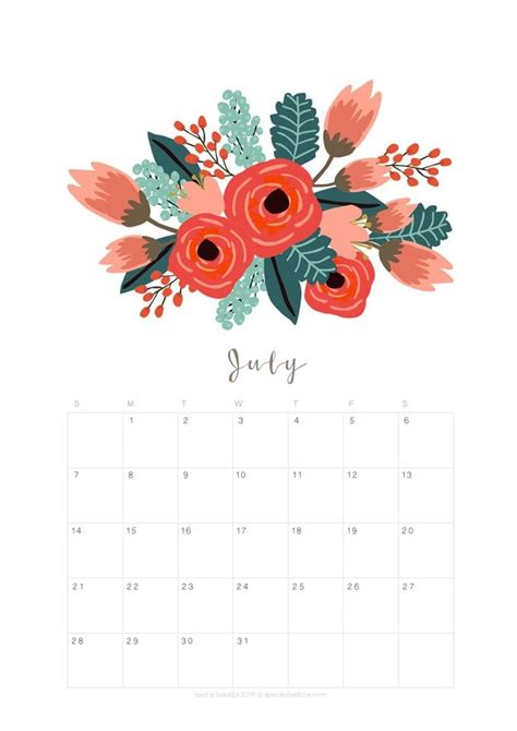 Printable July 2019 Calendar Monthly Planner 2 Designs Flowers