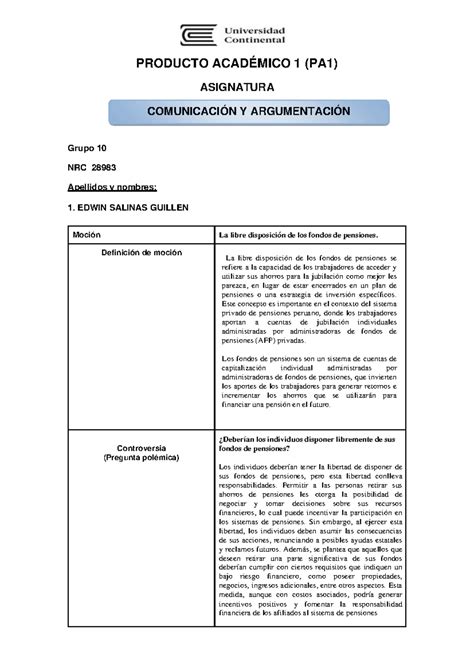 PA 1 Comunicación Y Argumentación COMUNICACIÓN Y ARGUMENTACIÓN