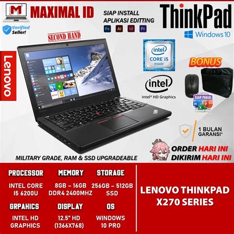 Jual Laptop Murah Lenovo Thinkpad X250 X260 X270 Intel Core I5 RAM 16GB