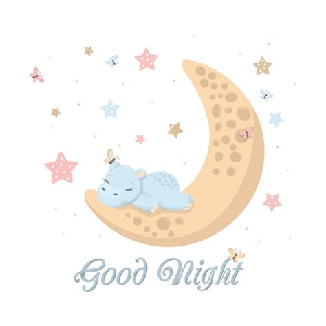 Premium Vector Cute Cartoon Sleeping Baby Animal Hippo With Moon And