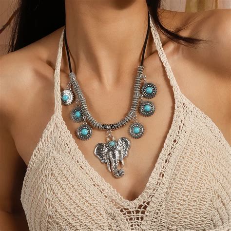 Ethnic Big Heart Elephant Pendant Necklaces For Women Bohemian