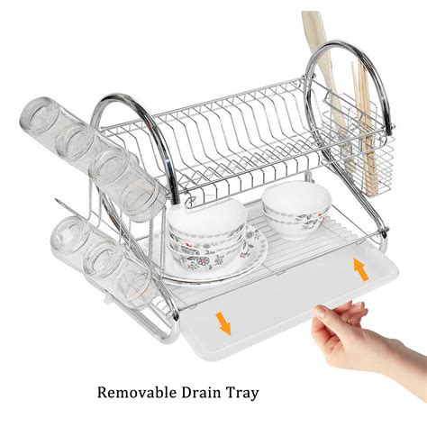 2 Tier Dish Drainer Rack Kitchen Drying Rack Bowl Plate Holder With