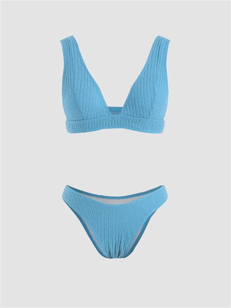 Solid V Neck Bikini Swimsuit Cider