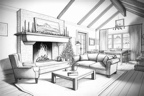 Dibujo a lápiz de una acogedora sala de estar con chimenea y decoración