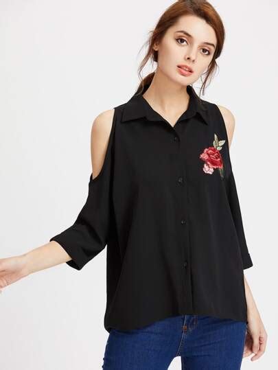 Embroidered Flower Applique Open Shoulder Curved Blouse Shein Sheinside