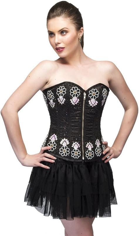 Corsetsnmore Negro Sat N Lentejuelas Blanco Goth Burlesque Overbust