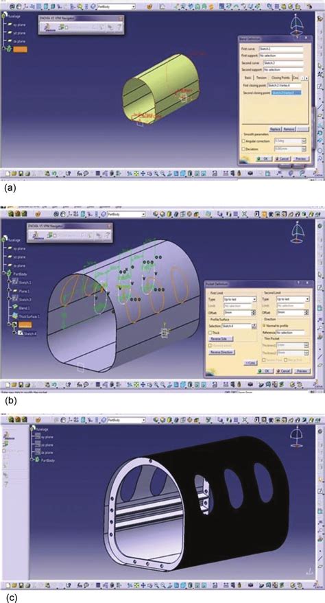 (a) Fuselage design using blend feature. (b) 3D fuselage (windows). (c ...