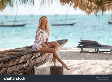 Beautiful Blonde Woman Knitted White Swimsuit Stock Photo 1724817358 Shutterstock