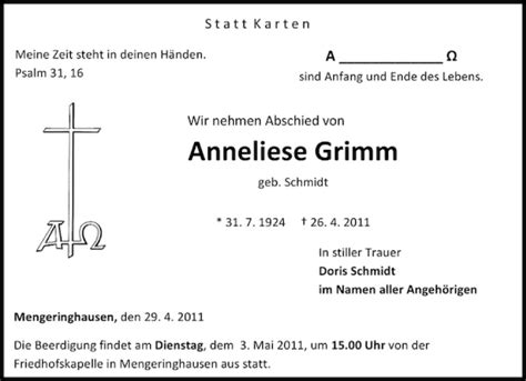 Traueranzeigen Von Anneliese Grimm Trauer Anzeigen De