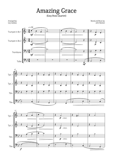 Amazing Grace Beautiful Easy Version For Brass Quartet Arr Iury