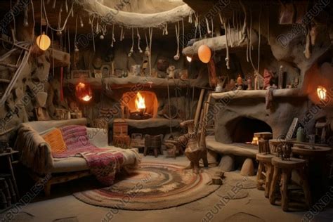 Cozy fantasy cave interior with warm fireplace