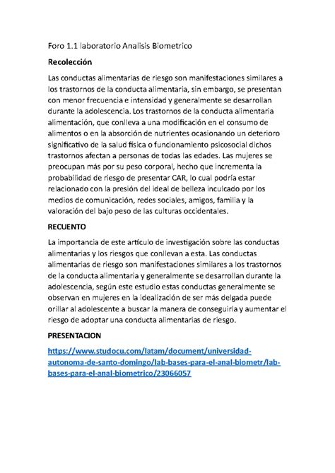 Foro lab anal biometrico Foro laboratorio Analisis Biometrico Recolección Las conductas