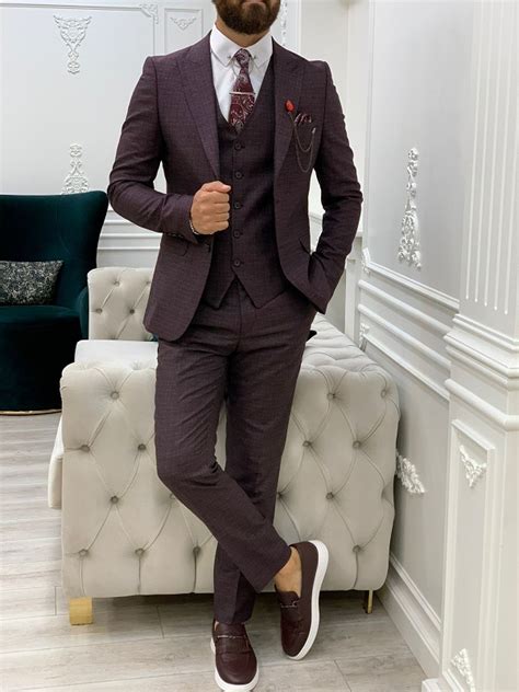 Burgundy Slim Fit Peak Lapel Plaid Suit By