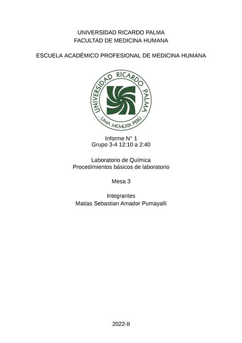 Informe Quimica Universidad Ricardo Palma Facultad De Medicina