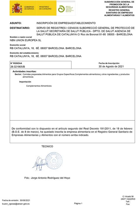 certificado registro sanitario NBN Unión Europea